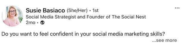 Image of one of Susie Basiaco’s LinkedIn posts shows her title as Social Media Strategist and Founder of The Social Next to illustrate the point above.