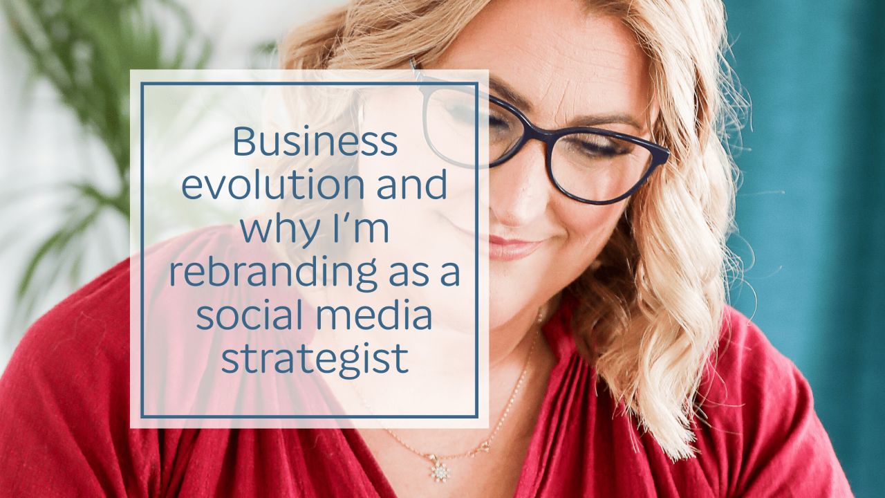Header image - Susie Basiaco sits looking towards a page and the text reads: Business evolution and why I'm rebranding as a social media strategist.